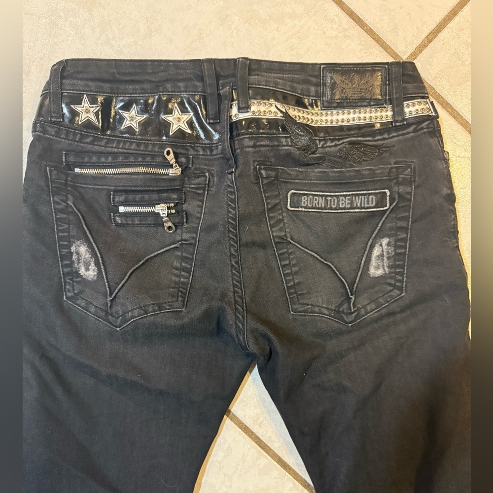 Black distressed Robins jeans sz 33 skinny - Picture 4 of 5